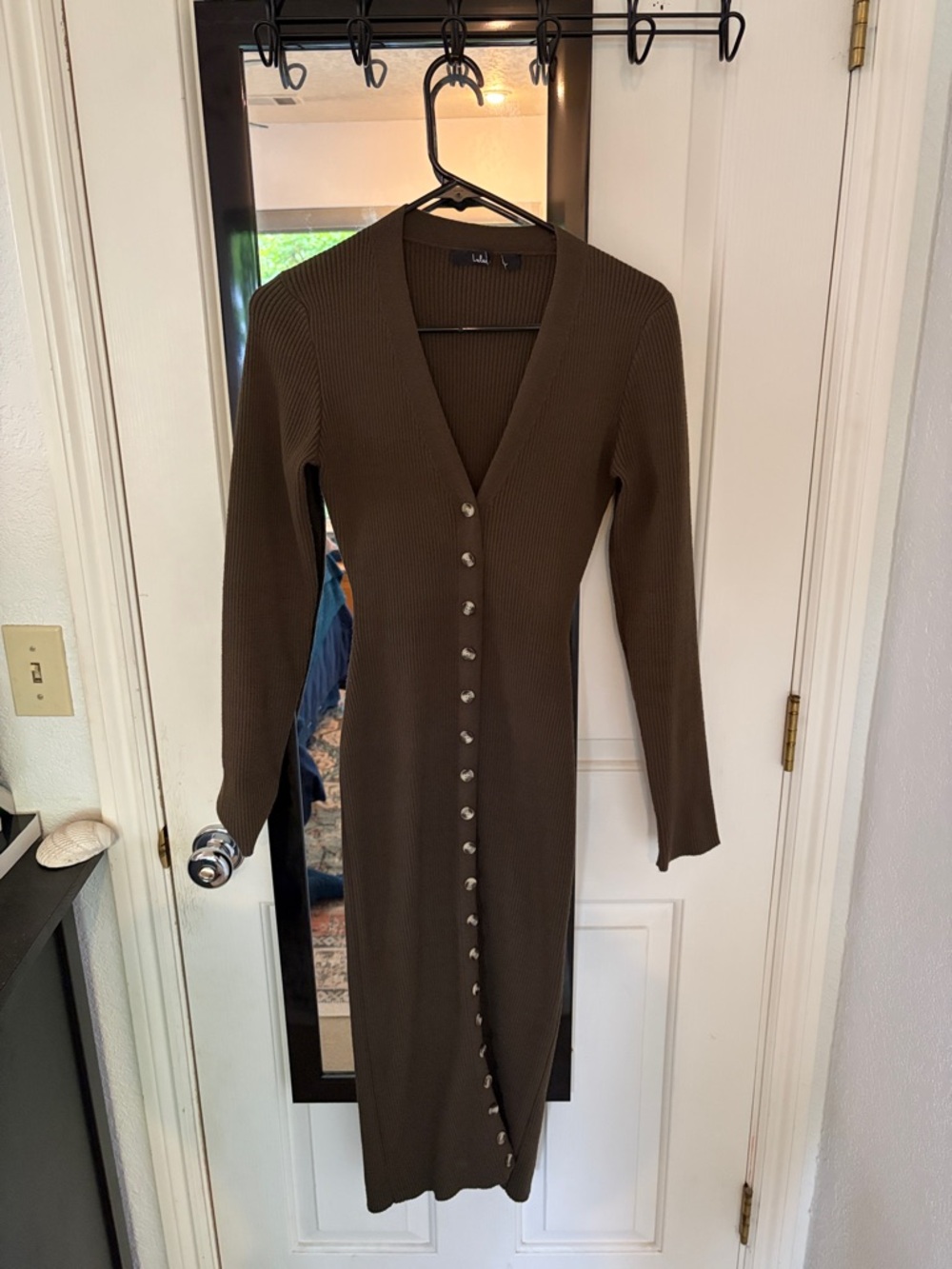 Lulu's Chocolate Brown Long Ribbed Button-Front Knit Dress